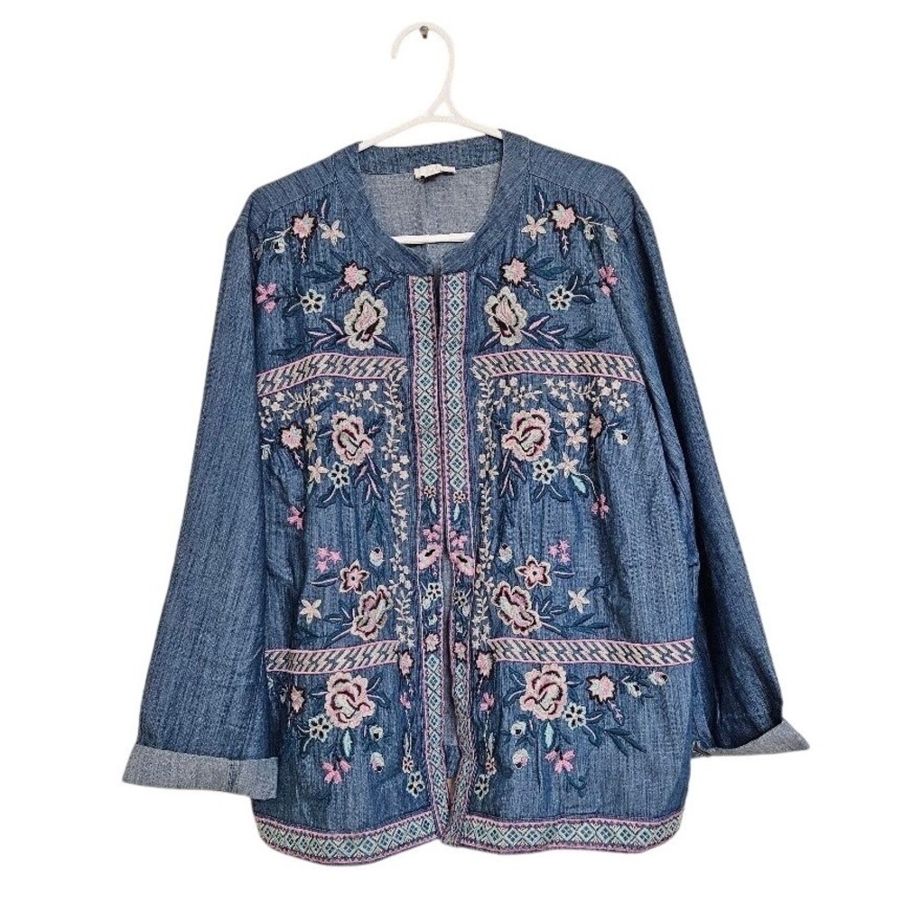 J. Jill Embroidered Denim Jacket XL Blue Cotton Floral Boho Open Front Topper